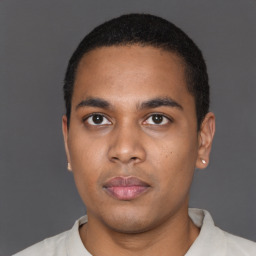Neutral black young-adult male with short  black hair and brown eyes